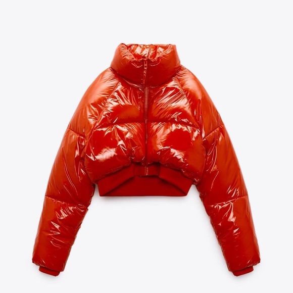 XS Zara Cropped Quilted Puffer Jacket Glossy Orange 🔥Hot Item + Blogger Fave🔥 - Picture 2 of 9